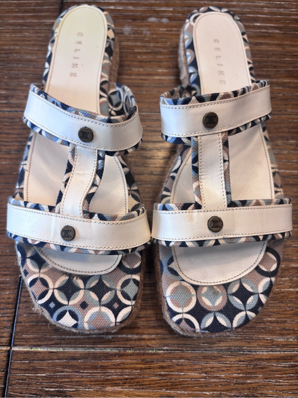 Celine Ivory Leather-Strap Slide Sandals with Geometric Canvas